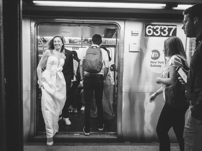 The bride comes out of the subway
